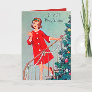 Retro vintage Christmas lady Sister add message Holiday Card