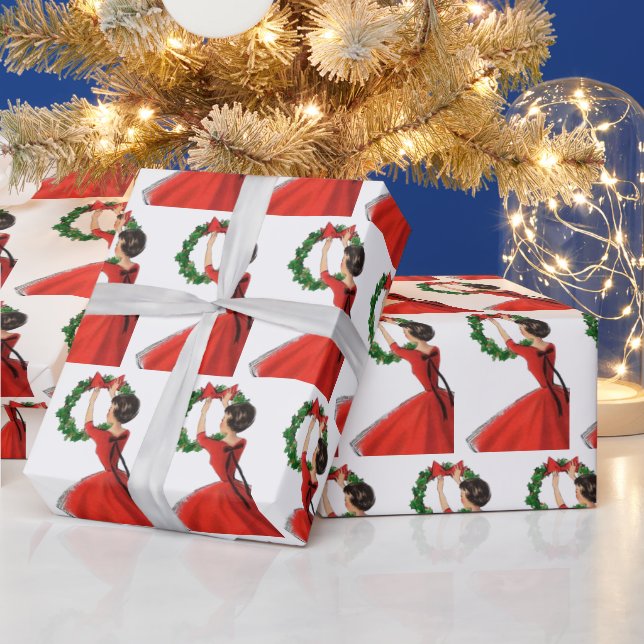 retro vintage Christmas lady tiled party Wrapping Paper (Holidays)