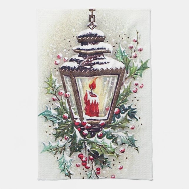 retro vintage Christmas lantern Tea Towel (Vertical)