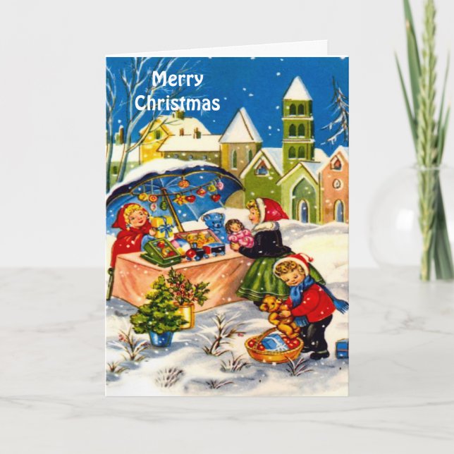 Retro Vintage Christmas market Holiday Card (Front)