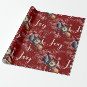Retro Vintage Christmas Ornaments On Red Wrapping Paper