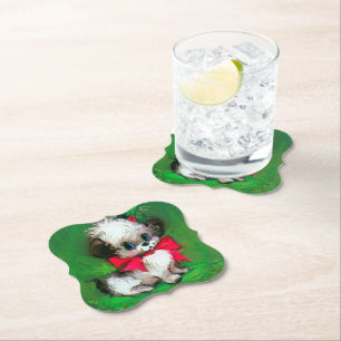 Retro Vintage Christmas puppy Party paper coaster