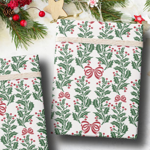Retro Vintage Christmas Red Green Holly Berries Wrapping Paper