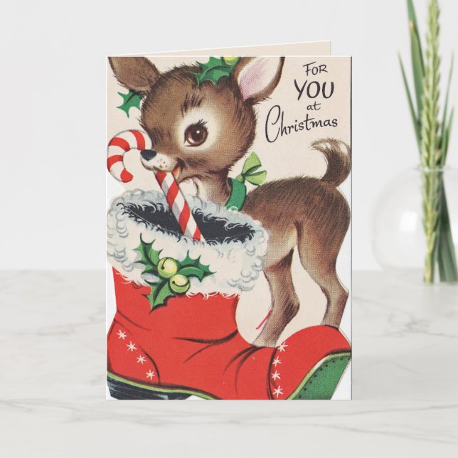 retro vintage Christmas reindeer add sentiment Holiday Card (Front)