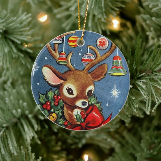 retro vintage Christmas reindeer Holiday Ceramic Ornament (Tree)