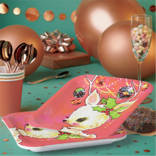retro vintage Christmas reindeer Holiday party Paper Plate