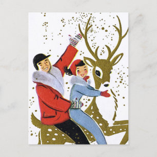 Retro vintage Christmas reindeer ride postcard