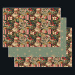 Retro Vintage Christmas: Santa and Presents Wrapping Paper Sheet<br><div class="desc">This Christmas wrapping paper design features a vibrant and festive pattern that includes a cheerful depiction of Santa Claus and various holiday elements. Vintage Santa Claus Design: The pattern showcases a jolly Santa Claus with a rosy-cheeked smile, peeking out from behind an array of beautifully wrapped presents. Festive Holiday Elements:...</div>