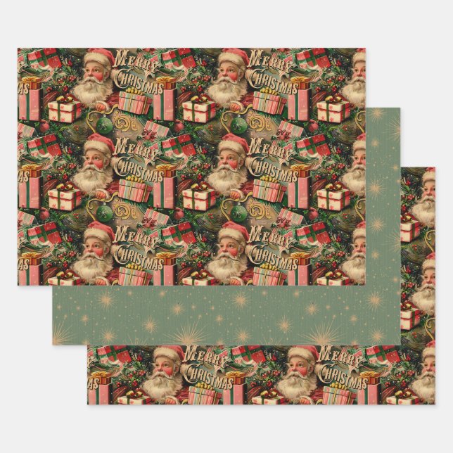 Retro Vintage Christmas: Santa and Presents Wrapping Paper Sheet (Set)