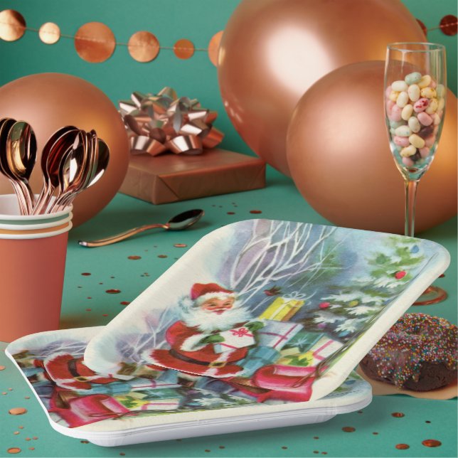 retro vintage Christmas Santa Holiday Paper Plate (Multi)