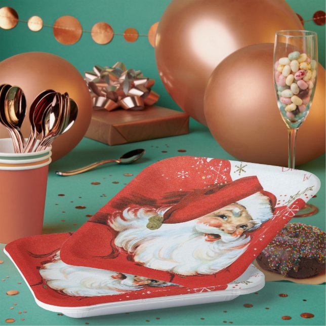retro vintage Christmas Santa Holiday Paper Plate (Multi)