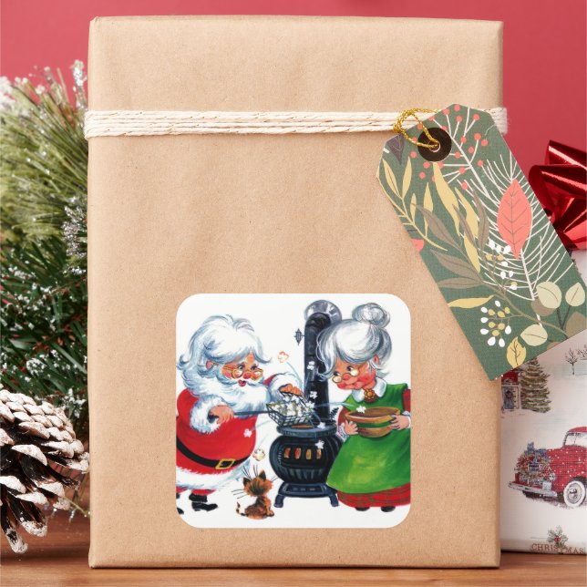 retro vintage Christmas Santa Mrs. Claus Square Sticker (Holiday)
