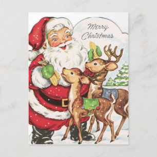 retro vintage Christmas Santa reindeer Holiday Postcard