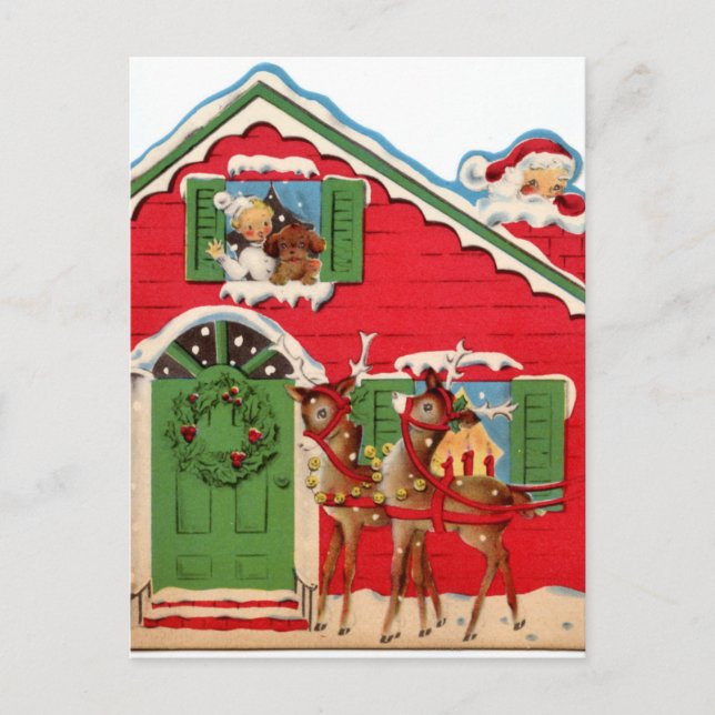 retro vintage Christmas Santa reindeer  Holiday Postcard (Front)