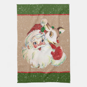 Retro vintage Christmas Santa reindeer kitchen Tea Towel