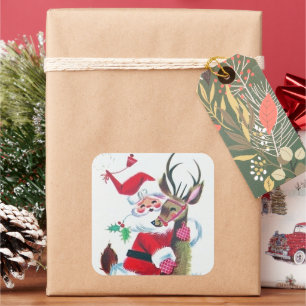 Retro vintage Christmas Santa reindeer sticker