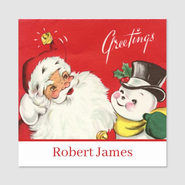  retro vintage Christmas Santa snowman add name Tag (Front)
