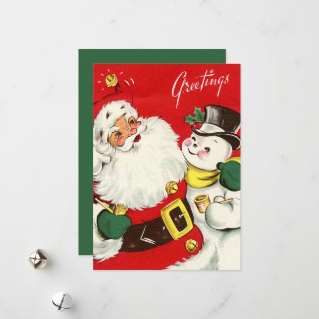 retro vintage Christmas Santa snowman sentiment Holiday Card (Front/Back In Situ)