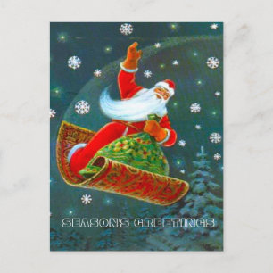 Retro Vintage Christmas, Santa's magic carpet Holiday Postcard