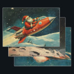 Retro Vintage Christmas: Santa's Space Adventure  Wrapping Paper Sheet<br><div class="desc">This Christmas wrapping paper design features a playful and imaginative depiction of Santa Claus in a retro-futuristic style. Whimsical and Fun: The overall tone of the wrapping paper is whimsical and fun, combining the magic of Christmas with a space-age twist. It’s perfect for adding a playful and unique touch to...</div>