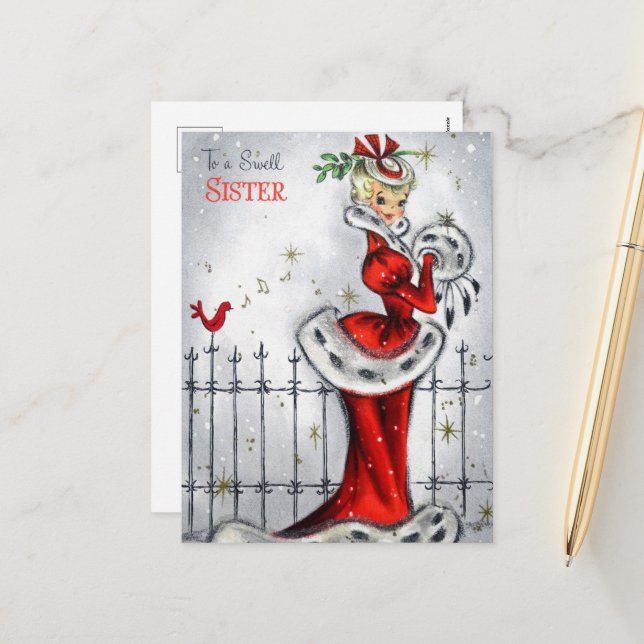 retro vintage Christmas Sister  Holiday Postcard (Front/Back In Situ)