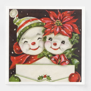 retro vintage Christmas snow couple Holiday Napkin