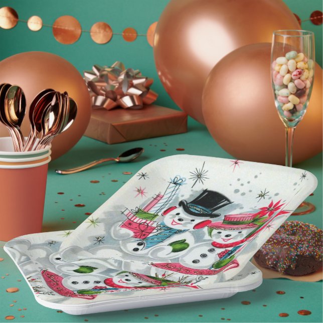 retro vintage Christmas snow couple Holiday Paper Plate (Multi)