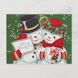 retro vintage Christmas snow couple Holiday Postcard