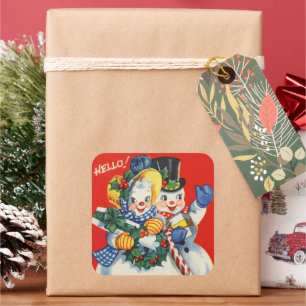 retro vintage Christmas snow couple Holiday Square Sticker