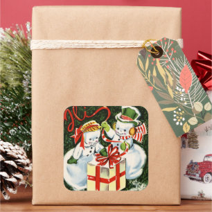 retro vintage Christmas snow couple Square Sticker