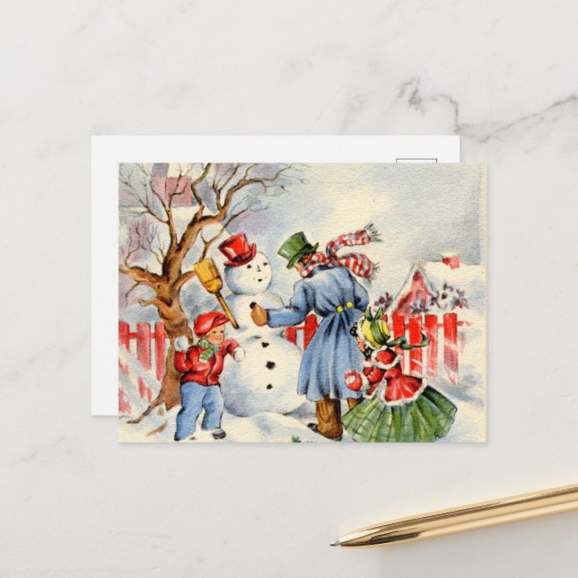 retro vintage Christmas snowman building Holiday Postcard (Front/Back In Situ)