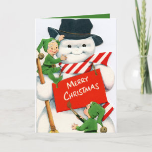 retro vintage Christmas snowman elf add sentiment Holiday Card