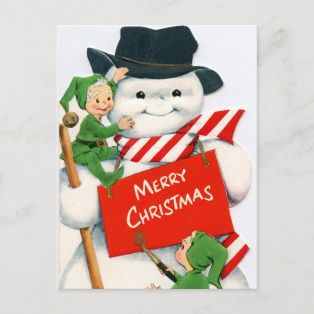 retro vintage Christmas snowman elf  Holiday Postcard (Front)