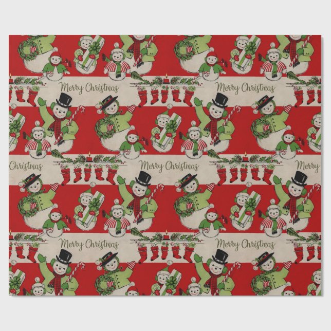 Retro Vintage Christmas: Snowman Family Wrapping Paper (Flat)
