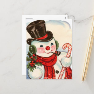 retro vintage Christmas snowman Holiday Postcard