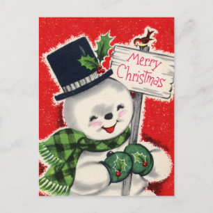 Retro vintage Christmas snowman Holiday postcard