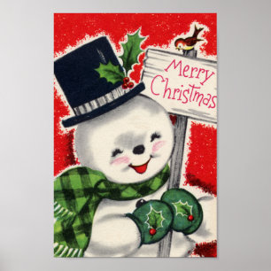 Retro vintage Christmas snowman Holiday poster