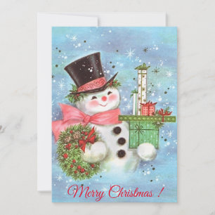 Retro Vintage Christmas Snowman With Gifts Holiday Card