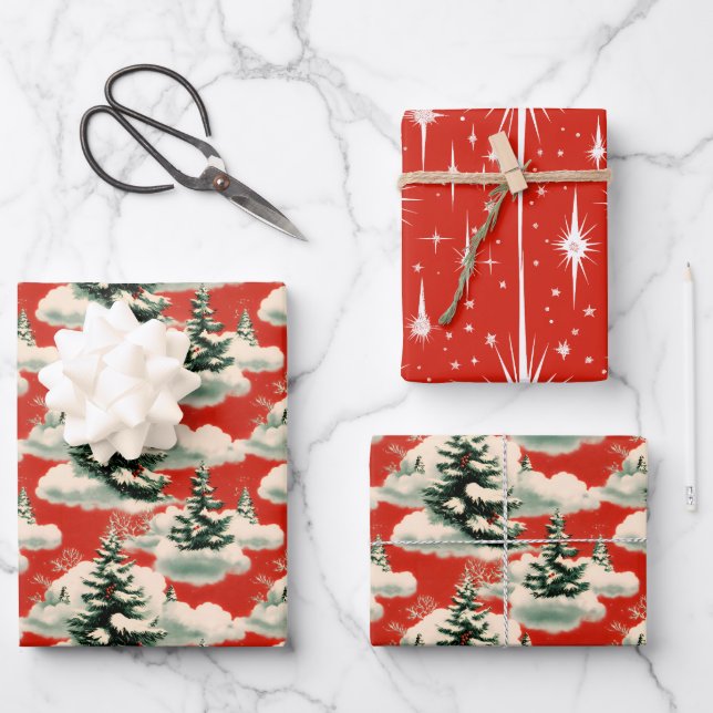  Retro Vintage Christmas:  Snowy Pine Trees  Wrapping Paper Sheet (Front)