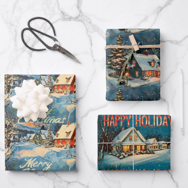 Retro Vintage Christmas: Snowy Village Scenes  Wrapping Paper Sheet (Front)