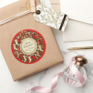 Retro Vintage Christmas Stockings Red Classic Round Sticker