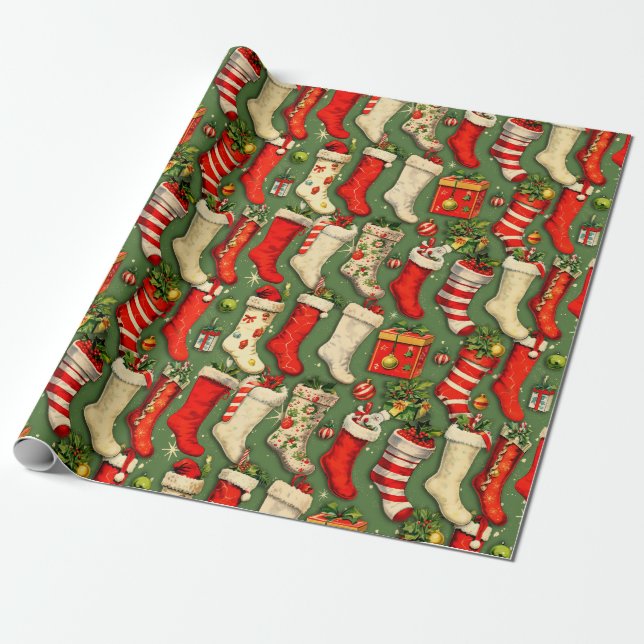 Retro Vintage Christmas stockings Wrapping Paper (Unrolled)