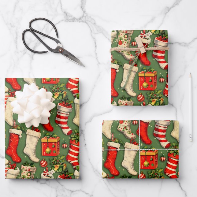 Retro Vintage Christmas stockings Wrapping Paper Sheet (Front)