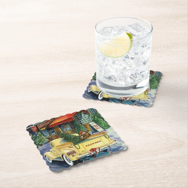 Retro vintage Christmas town Paper Coaster (Insitu)