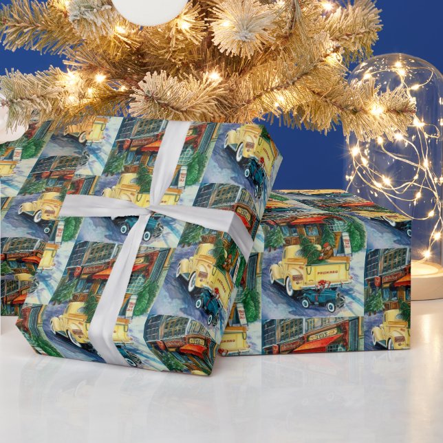Retro vintage Christmas town party wrap Wrapping Paper (Holidays)