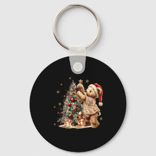 Retro Vintage Christmas Tree And Teddy Bear Holida Key Ring