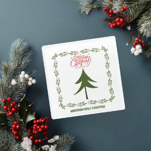 Retro Vintage Christmas Tree and Wreath Minimalist Glass Coaster