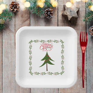 Retro Vintage Christmas Tree and Wreath Minimalist Paper Plate