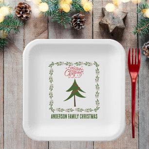 Retro Vintage Christmas Tree and Wreath Minimalist Paper Plate