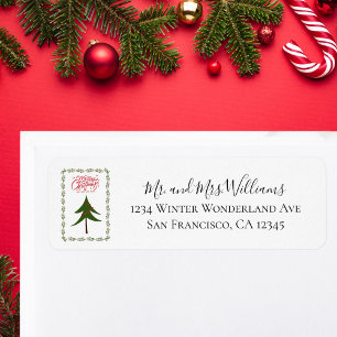 Retro Vintage Christmas Tree and Wreath Minimalist Return Address Label